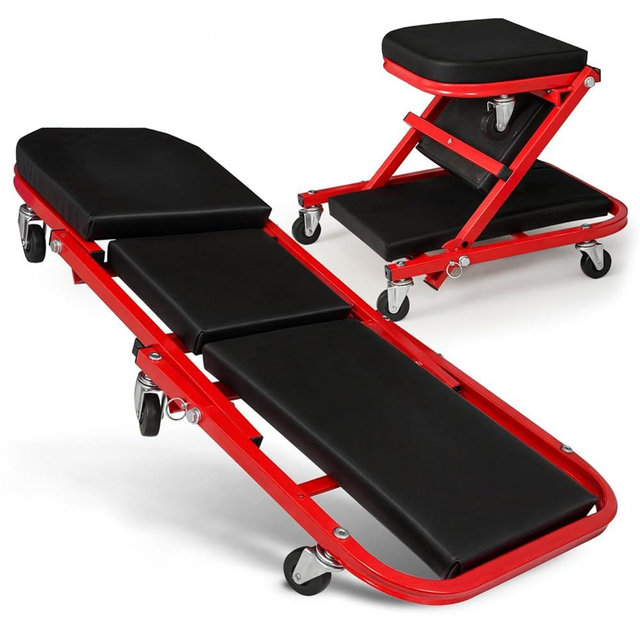 Magshion 36" Triplex Folding Creeper 2-in-1 Garage Foldable Creeper and Seat, Low Profile Mechanic Creeper with 6 Caster Wheels - 330 lbs Capacity (Red)