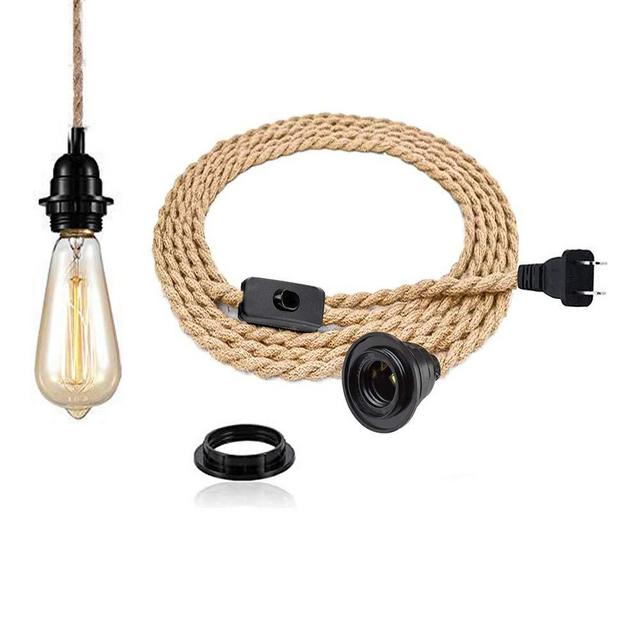Pendant Light Kit with Switch - Easric Vintage Lamp Cord with 15FT Twisted Hemp Rope E26 Socket Plug in DIY Hanging Lighting Fixture for Farmhouse Home Loft