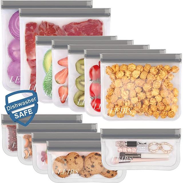 Dishwasher Safe Reusable Storage Bags,12 Pack BPA Free Reusable Freezer Bags (5 Reusable Sandwich Bags, 5 Reusable Snack Bags, 2 Reusable Gallon Bags), Leakproof Lunch Bag for Food Storage (Grey)