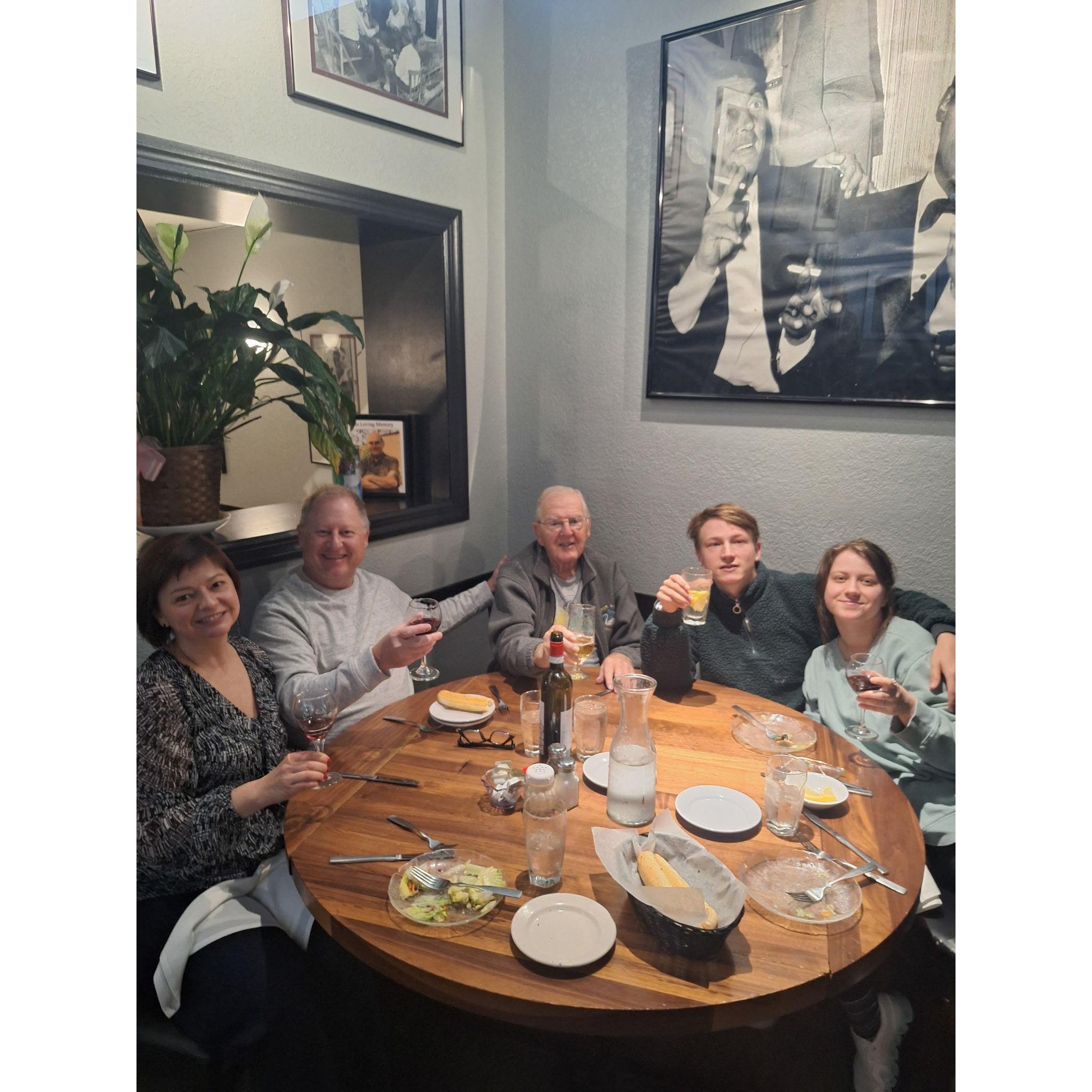 "Happy 93rd Birthday, Grandpa!" A special family moment with Matt’s dad and kids, Lera and Eric.
