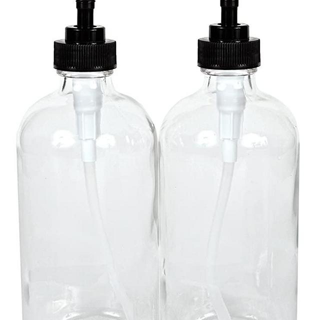 Vivaplex, 2, Large, 16 oz, Empty, Clear Glass Bottles with Black Lotion Pumps