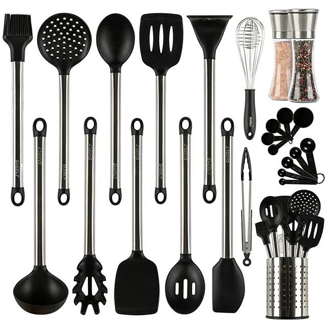 SMIRLY Silicone Kitchen Utensils Set with Holder - Black Silicone Cooking Utensils Set for Nonstick Cookware, Kitchen Spatula Set & Kitchen Essentials, Kitchen Tools Set - Home & Kitchen Accessories