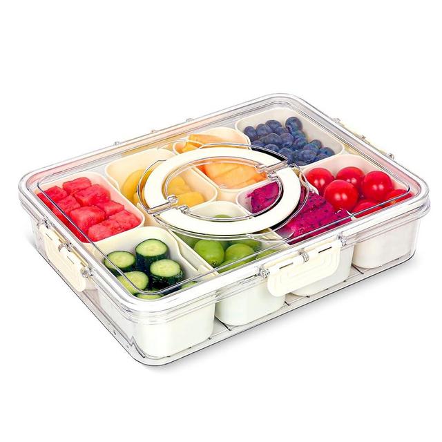 Divided Serving Tray with Lid and Handle - 8 Compartment Snackle Box Charcuterie Container，Portable Snack Box for Travel,Party,Picnic,Beach - Clear Food Organizer for Candy, Fruits, veggie, Snack