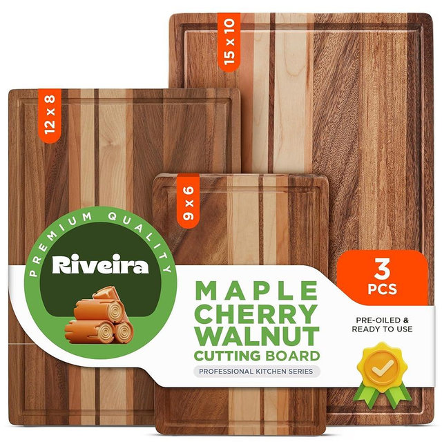 Riveira Premium Maple/Cherry/Walnut Wood Cutting Board – Versatile and Durable: Set Of 3 Pcs Rectangular Wooden Cutting Board – Natural Wooden Cutting Boards For Kitchen - Complete Cutting Boards