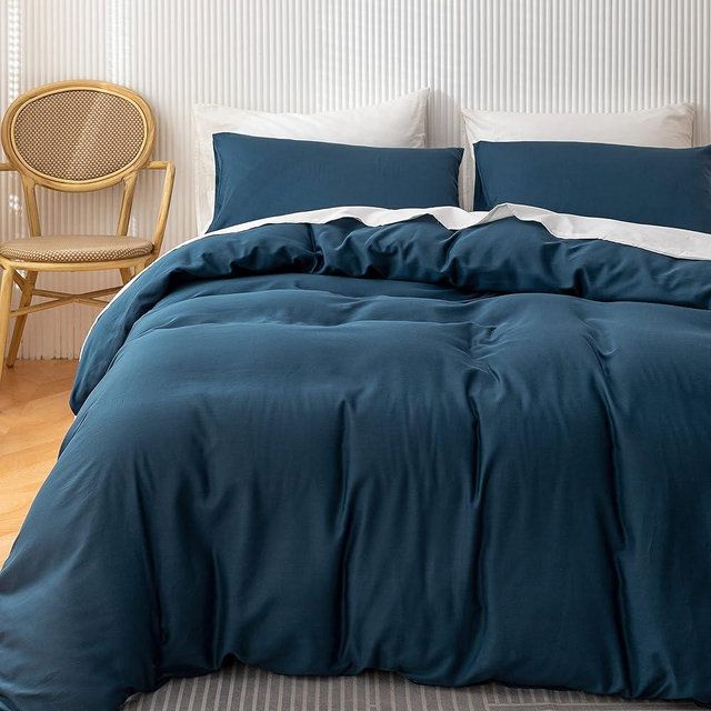 HeimenAogo 600 Tc Egyptian Cotton Duvet Cover King Size Ultra Soft and Breathable Bedding Set with Zipper Closure Long Staple Washed Cotton Duvet Cover Ensign-Blue (Navy Blue) 3Pcs