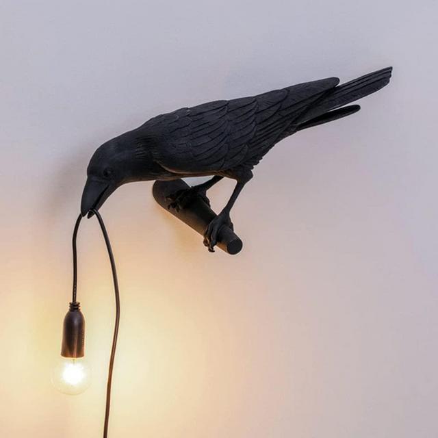 KWOKING Artistic Resin Crow Light 1 Light Plug in Wall Lamp Fun Wall Light Fixtures Bedside Raven Lamps in Black(Right)