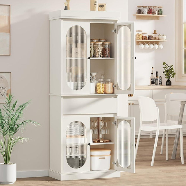 CABIHOME Tall Pantry Cabinet, Freestanding Kitchen Pantry Storage Cabinet with Glass Doors and Adjustable Shelves, 69" Cupboard Cabinet with Drawer for Bathroom, Dining Room, Living Room, White