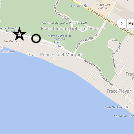 Circle denotes Galapagos Condo (where wedding will take place) and star is the Pierre Mundo Imperial Hotel.
