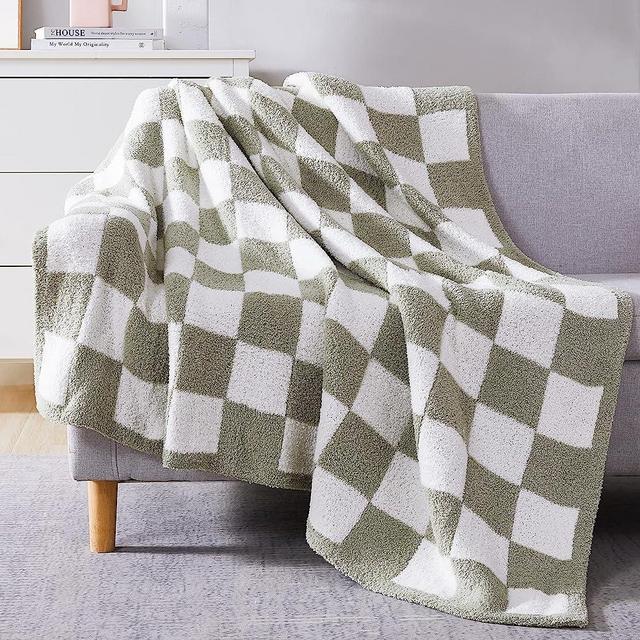 WRENSONGE Checkered Throw Blanket, Sage Green Microfiber Soft Cozy Fluffy Warm Hand Made Throw Blankets for Couch, Sofa, Chair, Bed, Camping, Picnic, Travel Lightweight Bed Blanket - 60"*80"