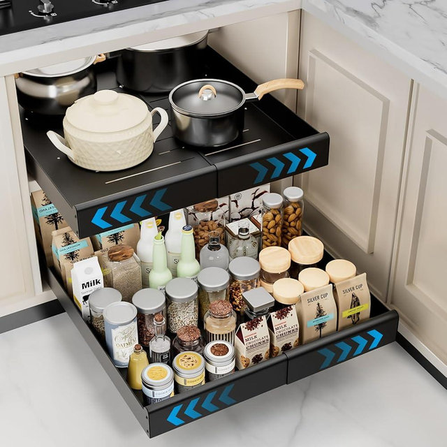 Tksrn Pull Out Cabinet Organizer, Expandable(11.8"-19.7") Adjustable Slide out Drawer Organizer for Kitchen Cabinets, Roll Out Shelf Storage with Adhesive Nano Film for Kitchen Cabinet Organization