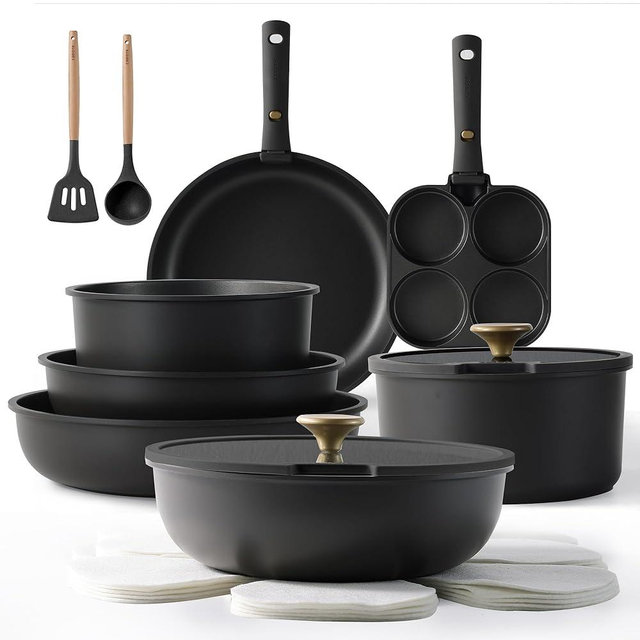 CAROTE 19pcs Pots and Pans Set, Nonstick Cookware Set Detachable Handle, Induction Kitchen Cookware Sets Non Stick with Removable Handle, RV Cookware Set, Gold and Dark Gray