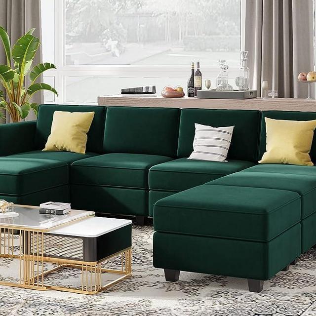Belffin Modular Sectional Sofa U Shaped Sectional Couch with Reversible Chaises Velvet Modular Sofa with Storage Seat Green