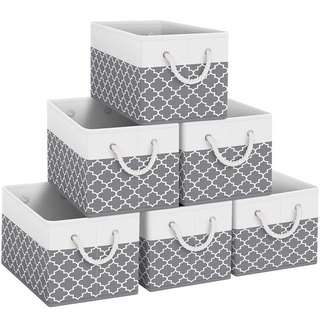 Fab totes Storage Bins [6-Pack], Foldable Storage Baskets for Organizing Toys, Books, Shelves, Closet, Large Storage Box with Rope Handles, Sturdy Organizer Bins,Clover Grey