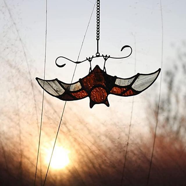 BOXCASA Bat Stained Glass Window Hangings, Bat Suncatcher Hallowen Decoration，Bat Decor Home Hanging Ornament (Upside Down Bat)