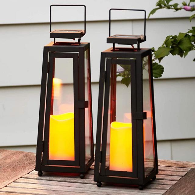 Decorative Solar Candle Lanterns - 11 Inch, Black Metal with Glass, Waterproof Flameless Pillar Candles, Dusk to Dawn Timer, Flickering LED Lights, Rustic Vintage Patio Decor - Set of 2
