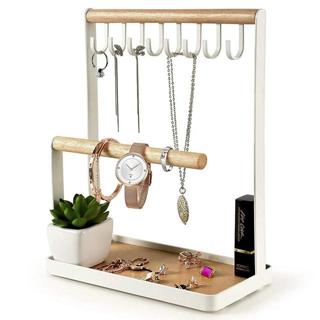 PAMANO Jewelry Stand Holder, 3-Tier Necklace Hanging Wooden Ring Organizer Earring Tray, 8 Hooks Storage Necklaces, Bracelets, Rings and Watches on Desk Tabletop- White