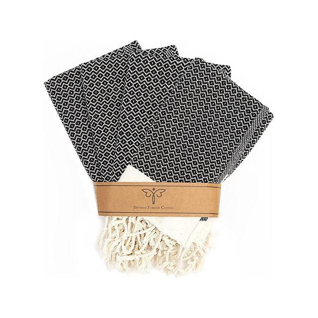 SMYRNA TURKISH COTTON Kitchen Dish Towels Pack of 4 | 100% Natural Cotton, 12 x 12 Inches | Machine Washable Wash Cloths | Ultra Soft, Absorbent, Prewashed and Quick Dry Turkish Dish Towels (Black)