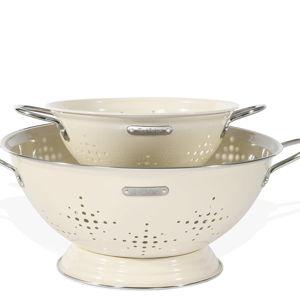 Metal Colander 2 Pack, Strainer Bowel with Handles 2Qt & 6Qt Powder Coated Solid Ring Base Heavey Duty Kitchen Drainer Basket for Pasta Veggies and Fruits,New Home Apartment Essentials (Almond Cream)
