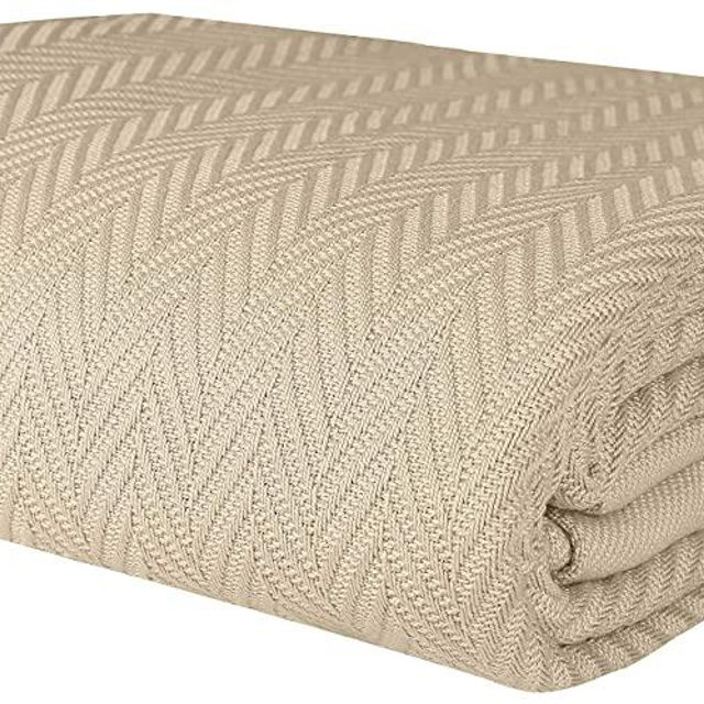 Herringbone Soft Breathable 100% Cotton Blanket King Size Beige by Threadmill Home Linen