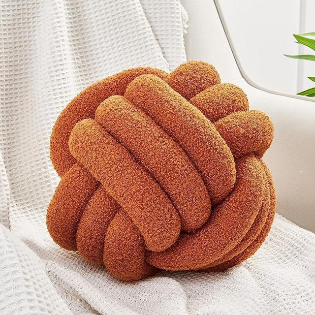 Uvvyui Knot Pillow Ball, Soft Home Decorative Pillows, Round Throw Pillow, Handmade Knotted Plush Pillow, Round Boucle Pillow Cushion (11 Inches Caramel)