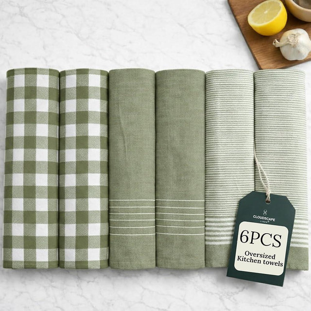 CLOUDSCAPE Kitchen Towels Set of 6 : Cotton-Blended Dish Cloths, Waffle Weave Quick-Drying Dish Towels for Kitchen Essentials, Highly Absorbent, Large 18”x28” Hand Towels with Hanging Loop -Sage Green
