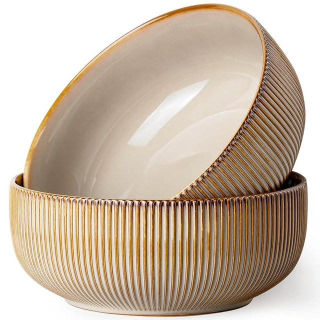getstar Large Serving Bowls (8 inch & 60 fl oz), Ceramic Salad Bowl Set of 2, Microwave and Dishwasher Safe, Farmhouse Kitchen Decorative Bowls Set (Embossed Stripes, Vintage Yellow)