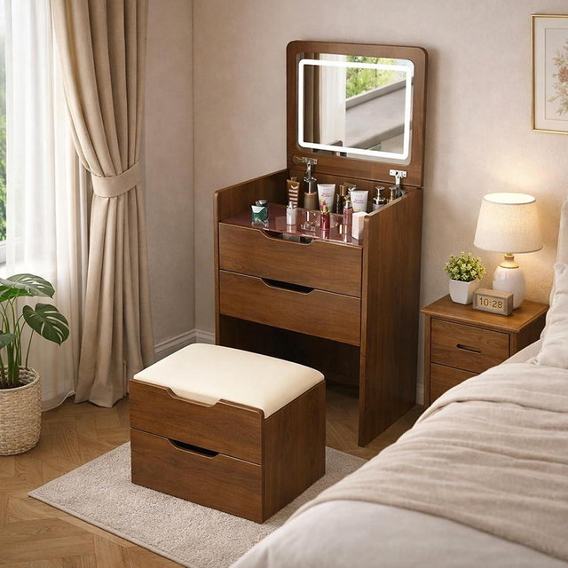 Breevia 3 in 1 Small Vanity Desk with Mirror and Lights, Space Saving Makeup Vanity with Hidden Stool & Storage, Compact Vanity Table with 3 Color LED Mirror for Bedroom