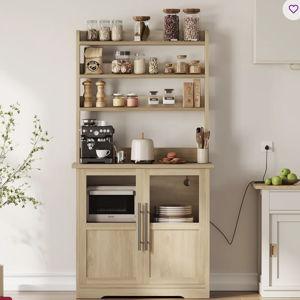 Bagby 30.7" Bakers Rack with 2 Glass Doors, Farmhouse Bakers Rack with Power Outlet, Kitchen Bakers Rack Cabinet with Large Storage - Natural