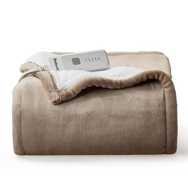 Bedsure Heated Blanket Electric Throw - Soft Electric Blanket for Couch, 5 Heat Settings Fleece Blanket with 3hrs Timer Auto Shut Off, Machine Washable Sherpa Heating Blanket Throw (50×60, Beige)