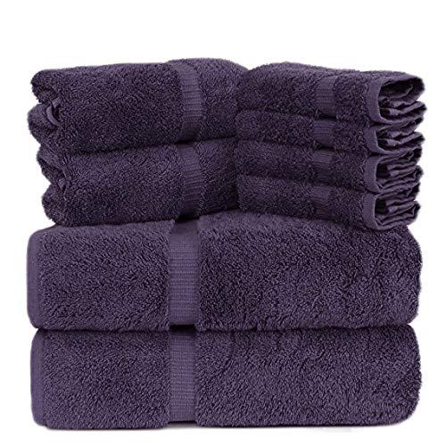 Towel Bazaar Luxury Hotel and Spa Quality Dobby Border 100% Turkish Cotton Eco-Friendly and Highly Absorbent Towel Set (Set of 8, Plum)