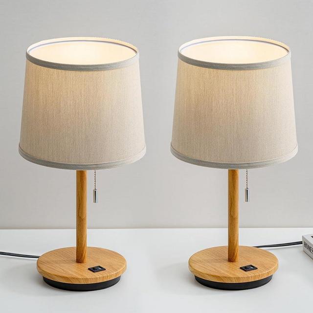 VISDANFO Modern Table Lamp for Bedroom Set of 2, Desk Lamp with USB Port, Fabric Shade 3 Brightness Levels Nightstand Lamps for Living Room, Bedside, Study Room, Dorm, LED Bulb Included (Flaxen)
