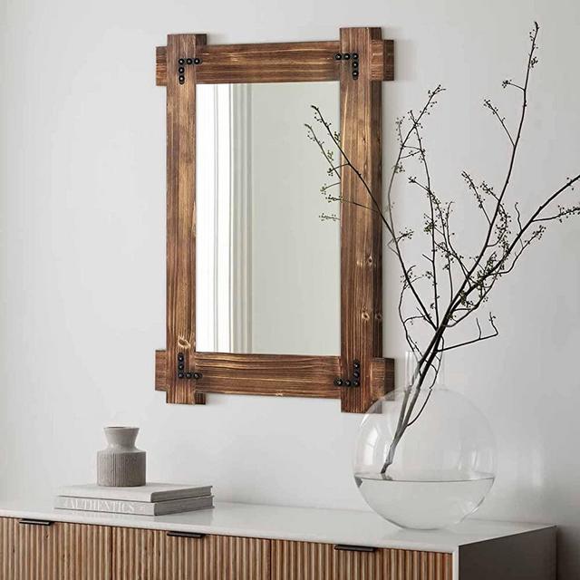 Rustic Mirror Wood Mirror for Bathroom, Decorative Framed Wall Mirror, Farmhouse Natural Vanity Mirror, Wall Mounted Rectangular Mirror for Bedroom Living Room, Wood Mirror Small 20x30 Inch