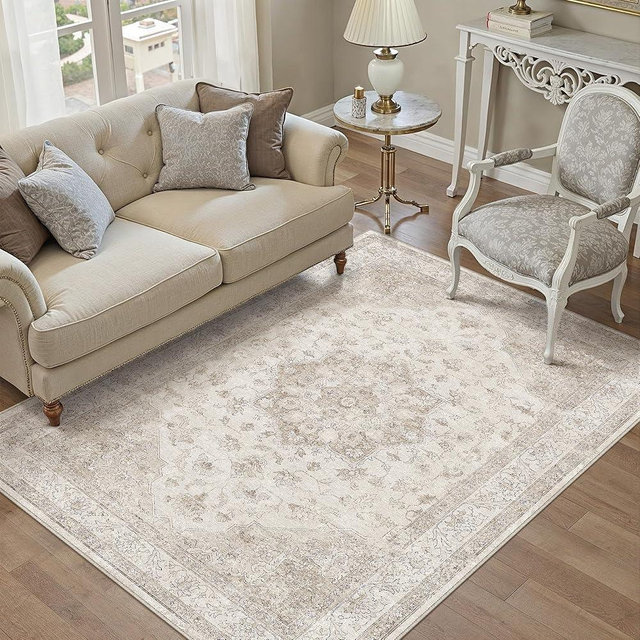 PureCozy Beige Area Rug 4x6 Washable Vintage Carpet for Office Living Room Soft Retro Low Pile Thin Indoor Rug Non Slip Oriental Medallion Floor Cover for Bedroom Kitchen Dining Room