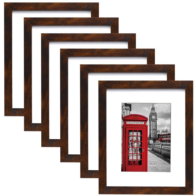 PEALSN 11x14 Picture Frame Set of 6, Display Pictures 8x10 with Mat or 11x14 Without Mat for Wall Mounting or Table Top Display, Photo Frames Collage for Wall Decor, Rustic Brown