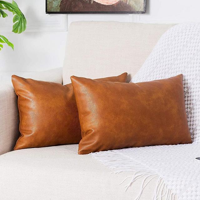 PANOD Pack of 2 Premium Faux Leather Throw Pillow Covers, Modern Luxury Decorative Lumbar Throw Pillow Case Cushion Cases for Sofa Couch Bed Car Outdoor,12x20 inch Brown