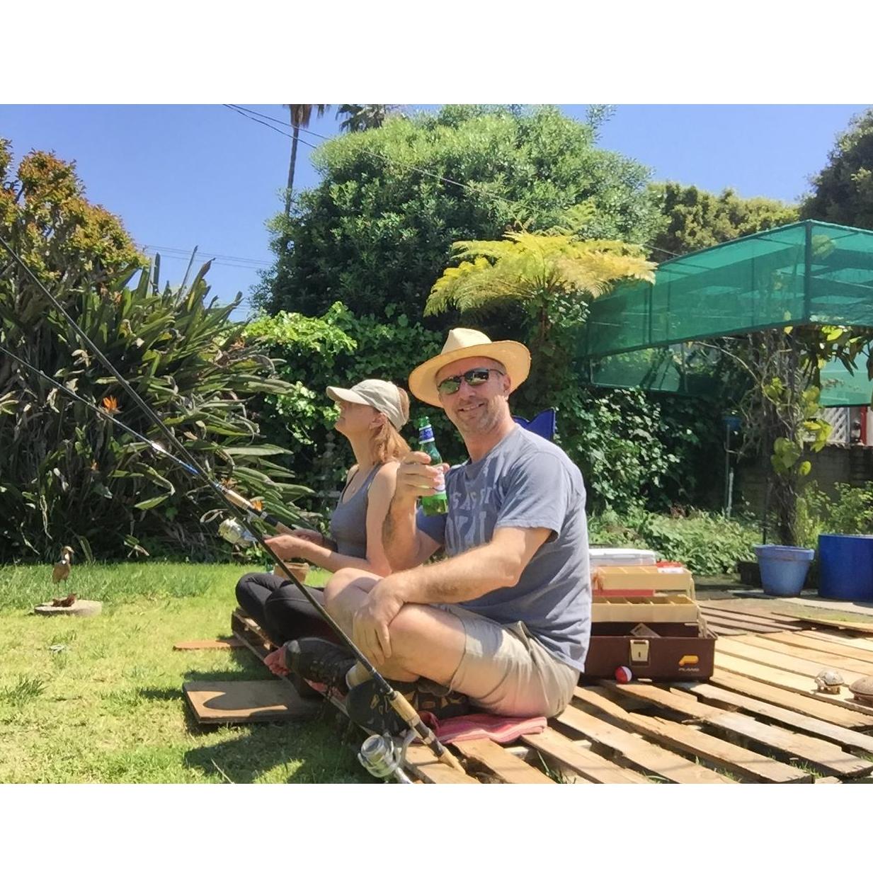 We couldn't go to the farm last spring due to pandemic. So we brought the farm to our backyard. Here we are fishing on the dock.