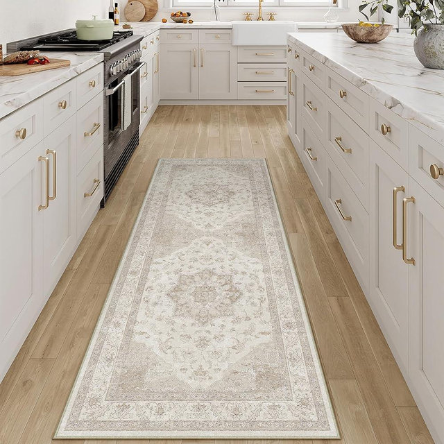 PureCozy Beige Runner Rug 2x6 Washable Vintage Long Carpet for Hallway Kitchen Soft Retro Low Pile Thin Indoor Runner Non Slip Oriental Medallion Throw Rug for Bathroom Bedroom Laundry Dining Room
