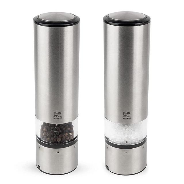 Peugeot - Elis Sense u'Select Electric Salt and Pepper Mill Set - Adjustable Grinders, Battery Powered - Blue LED Light, Stainless Steel, 8-inches,Brushed Nickel,Large,2/27162