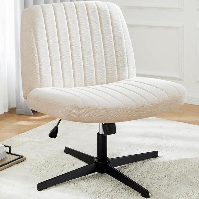 Cross Legged Office Chair, Armless Wide Desk Chair No Wheels, Modern Home Office Desk Chair Swivel Adjustable Fabric Vanity Chair