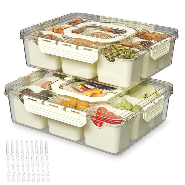 REBECAT Divided Serving Tray with Lid and Handles 9 Compartments Snack Box Container Charcuterie Organizer Snackle Box Container for Candy,Nuts，Fruits,Snacks,2 Pack,Beige