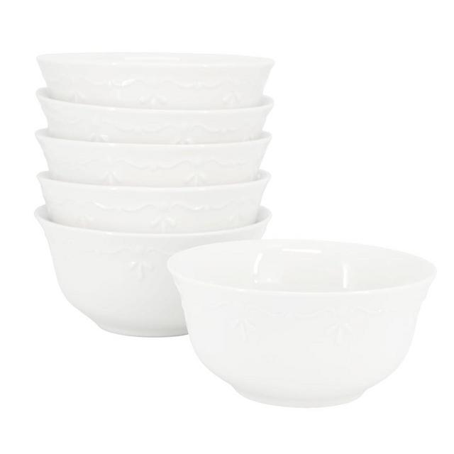 Elama Henryi 6 Piece Embossed Rim Detail Porcelain White 6.1 Inch Bowl Set, Tableware Set, Serveware (6 Pc Bowl)