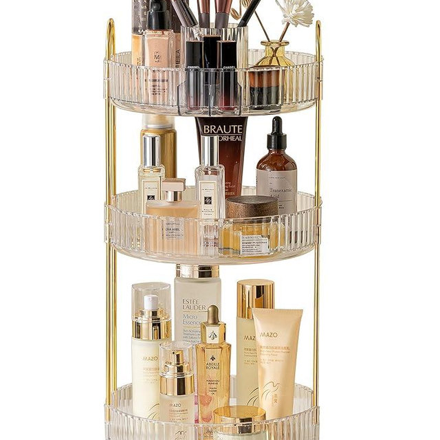 Asayuee 360 Rotating Makeup Organizer,3 Tier Large Capacity Make Up Organizers and Storage,Skincare Perfume Vanity Organizers,Bathroom Cosmetics Storage Organizer Countertop(Clear)