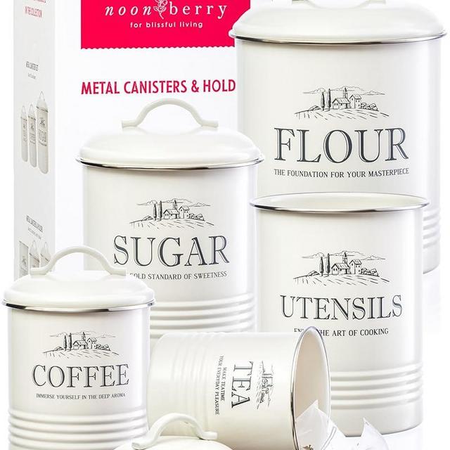 noonberry Set of 5 Canisters for Kitchen Counter, White Containers, Airtight Coffee Tea Flour Sugar Canisters Set & Utensil Holder for the Kitchen Countertop