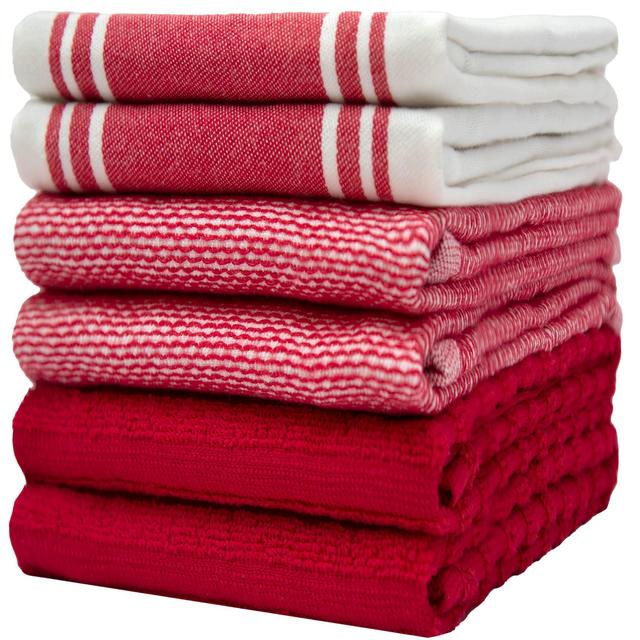 Premium Kitchen Towels (20”x 28”, 6 Pack) | Large Kitchen Hand Towels | Kitchen Towels Cotton | Flat Terry Towel | Highly Absorbent Tea Towels Set with Hanging Loop | Wide Stripe Red