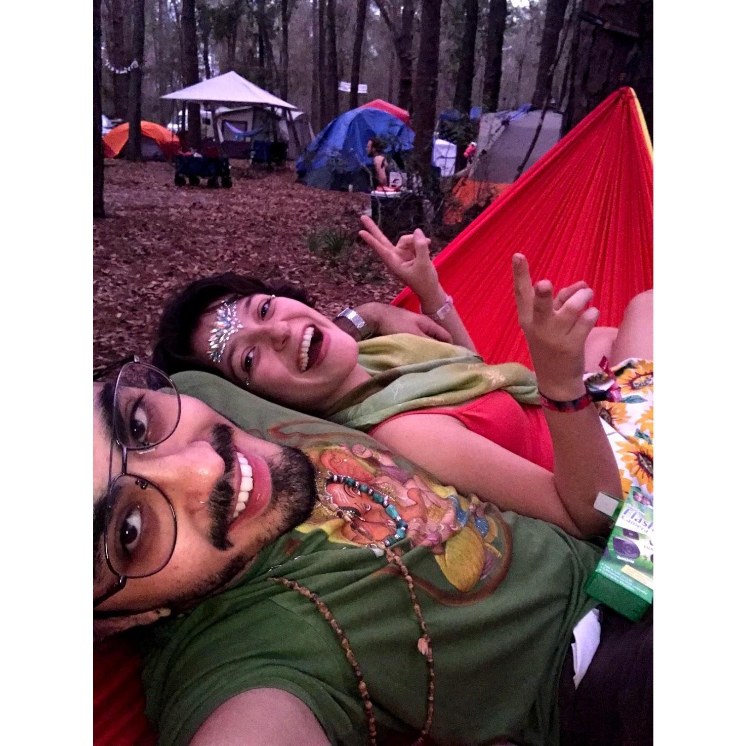 Our first music festival camping out in the woods.