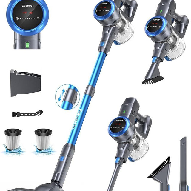FABULETTA Cordless Vacuum Cleaner, Self-Standing Brushless Stick Vacuum for Home, 15-50Min Running Time, 5-Layer Filtration System, Anti-Tangle Brush, LED Display, Lightweight