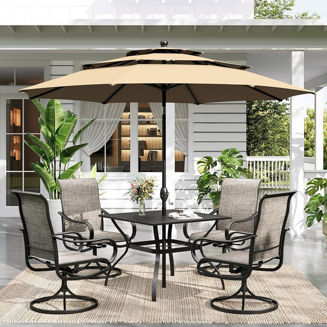 Sophia & William Outdoor Dining Set with Umbrella for 4 Person, Include 4 x Swivel Patio Chairs, 1 x Classic Metal Table and 10ft Beige Patio Umbrella (No Umbrella Base) for Deck Garden Backyard