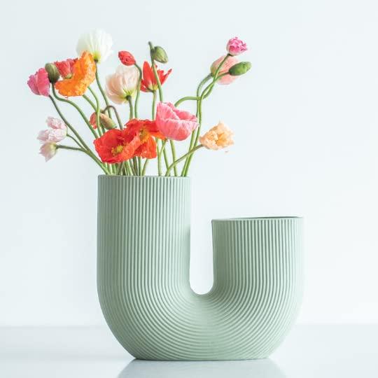 Green U Shaped Vase for Table Decor, Modern Green Vase for Flowers, Ceramic Vase for Minimalist Home Decor, Gift, Entranceway, Dinning Table and Bookshelf