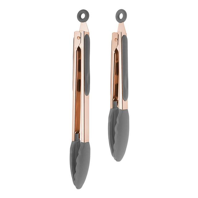 COOK with COLOR Stylish Stainless Steel Rose Gold and Gray Kitchen Food Tongs Set of Two 9” and 12” with Silicone Tips and Handles for Non Stick Cookware