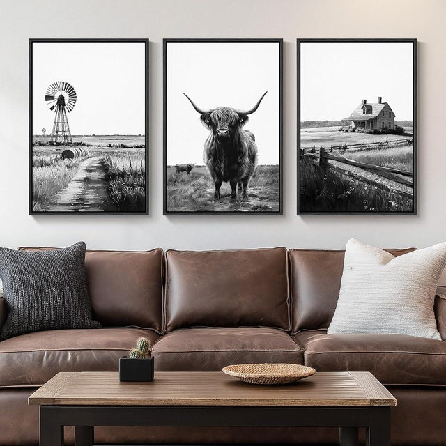 Framed Highland Cow Wall Art Set of 3, Black and White Farmhouse Canvas Prints, Vintage Rustic Western Barn Decor for Living Room Bedroom Dining Room or Hallway, 20x30 Inch